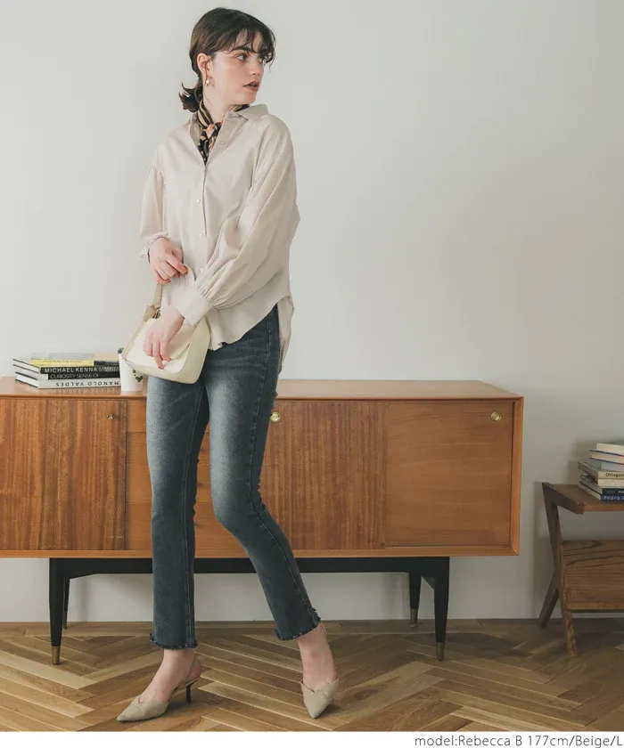 日本 COCA - 翻領寬鬆氣球袖襯衫-米杏