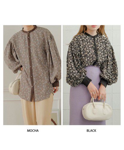 日本 Bou Jeloud - 森林碎花澎澎袖襯衫-摩卡