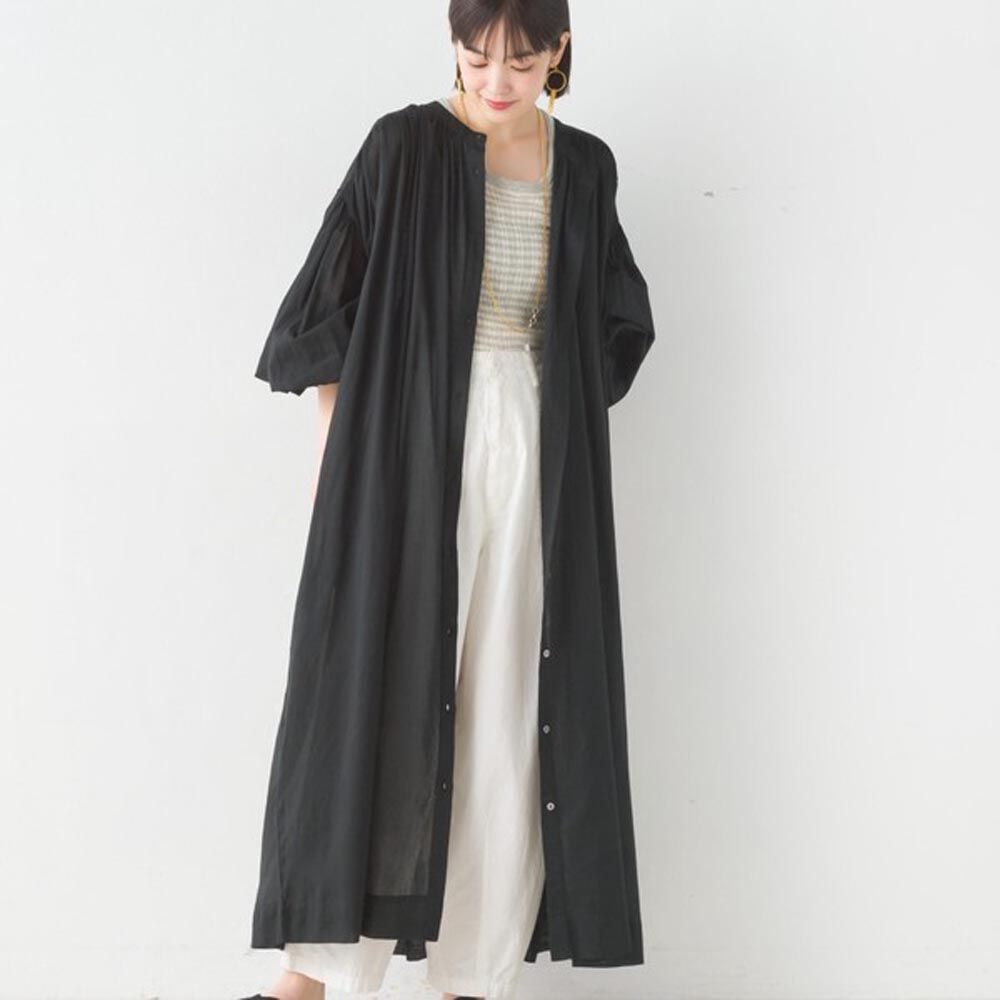 日本 OMNES - 100%印度棉 輕盈長袖開襟洋裝-黑