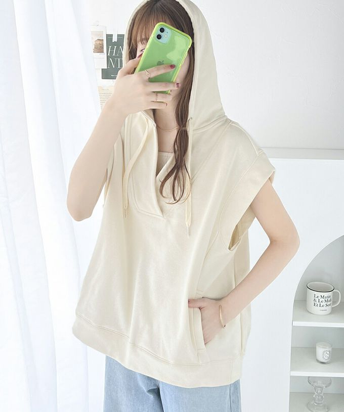 日本 Classical Elf - Java 深V領休閒寬短袖連帽上衣-象牙白