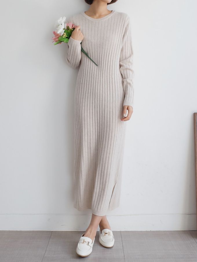 韓國女裝連線 - 喀什米爾羊毛針織連身洋裝-米杏 (FREE)