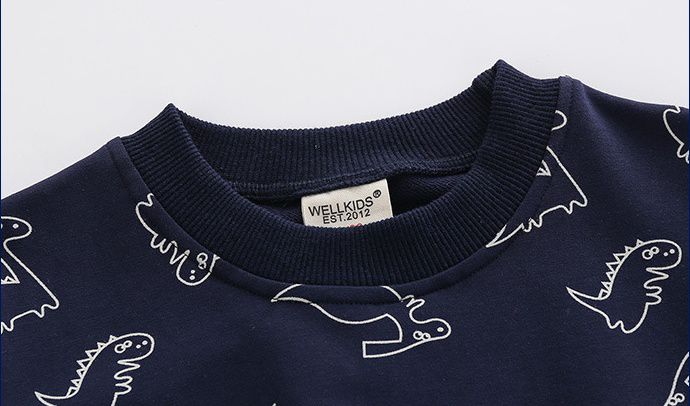 WELLKIDS - 棉質圓領長袖上衣-簡畫小恐龍-灰色