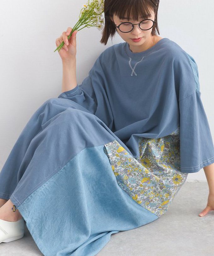 日本 Lupilien - 異素材花朵拼布清新五分袖洋裝-黑