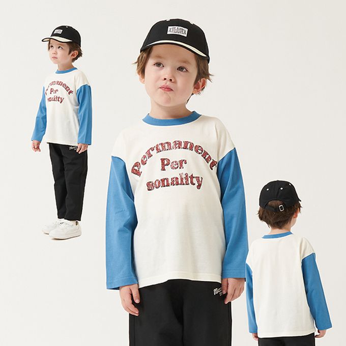 日本 b-ROOM - 100%棉 簡約logo撞色長袖上衣-深藍