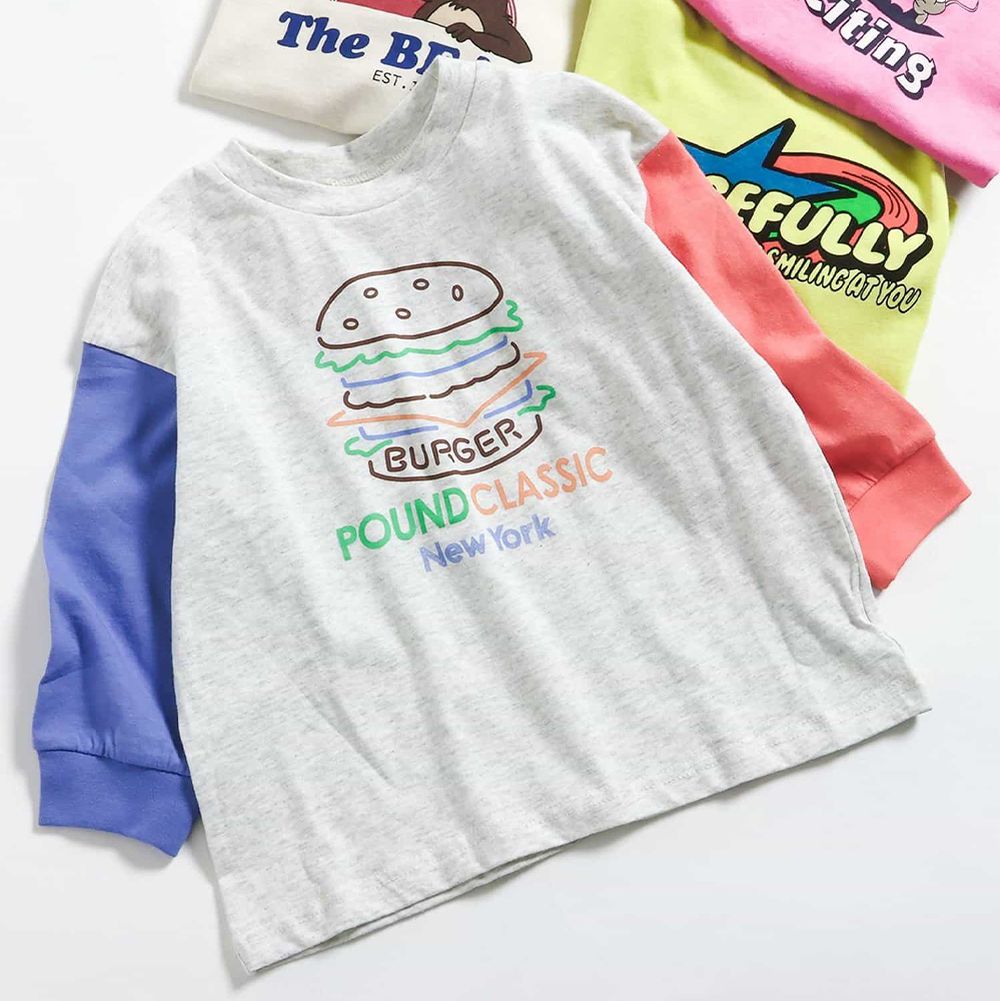 春季俏皮印花薄長袖上衣-漢堡撞色-淺灰x藍x橘