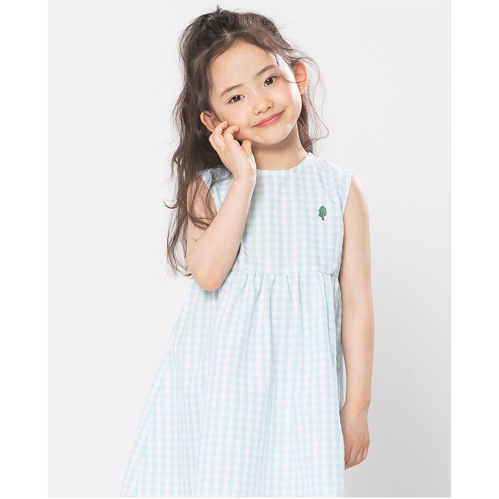 刺繡迷你樹點綴格紋背心洋裝-水藍