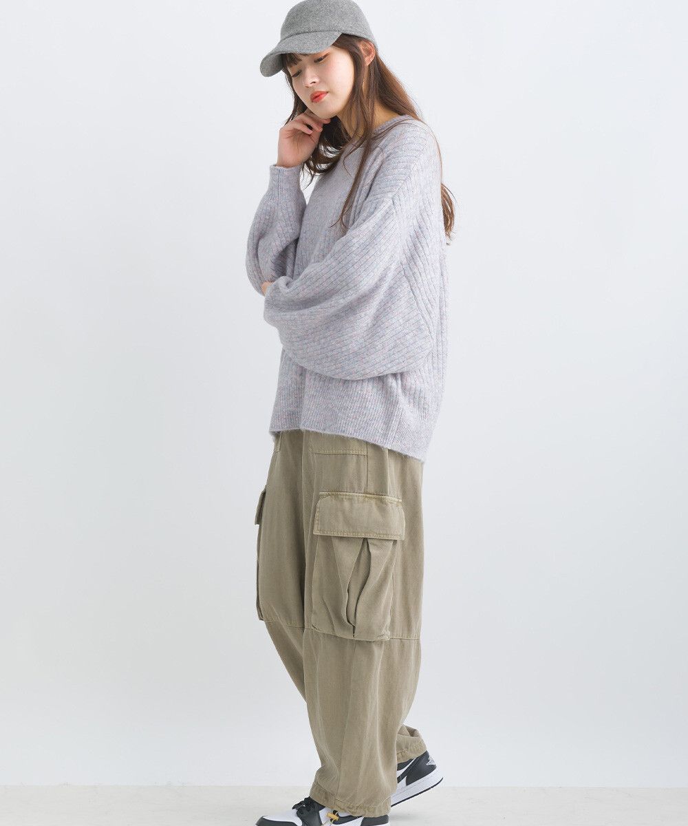 日本女裝代購 - 大寬袖圓領混色針織上衣-米黃