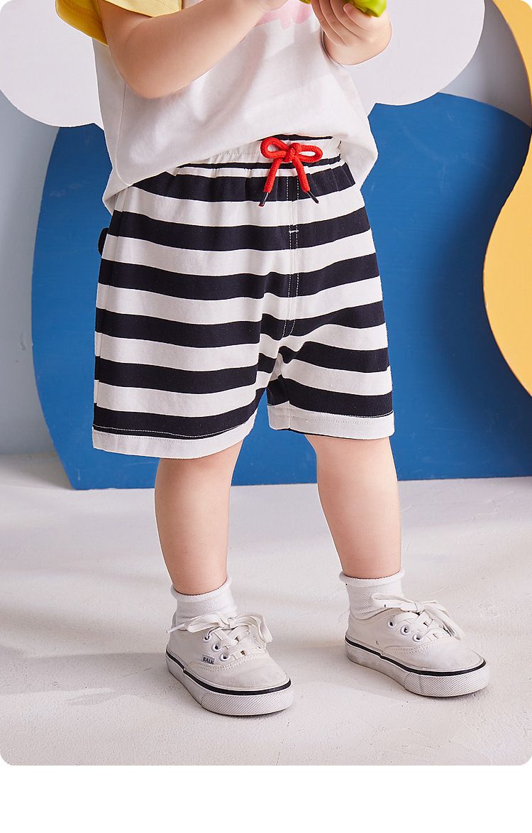 Q萌腰鬆緊短褲-小熊條紋款-黑+白