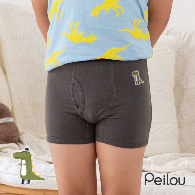 貝柔 Peilou - 天絲棉舒膚平衡童男四角褲-貼布繡-3件組-鯊魚+鱷魚+小狗-黑+灰+藍