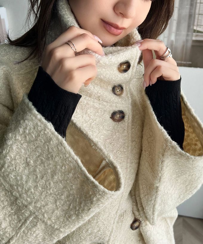 日本 Classical Elf - 玳帽扣時尚立領廓形毛絨大衣-炭灰