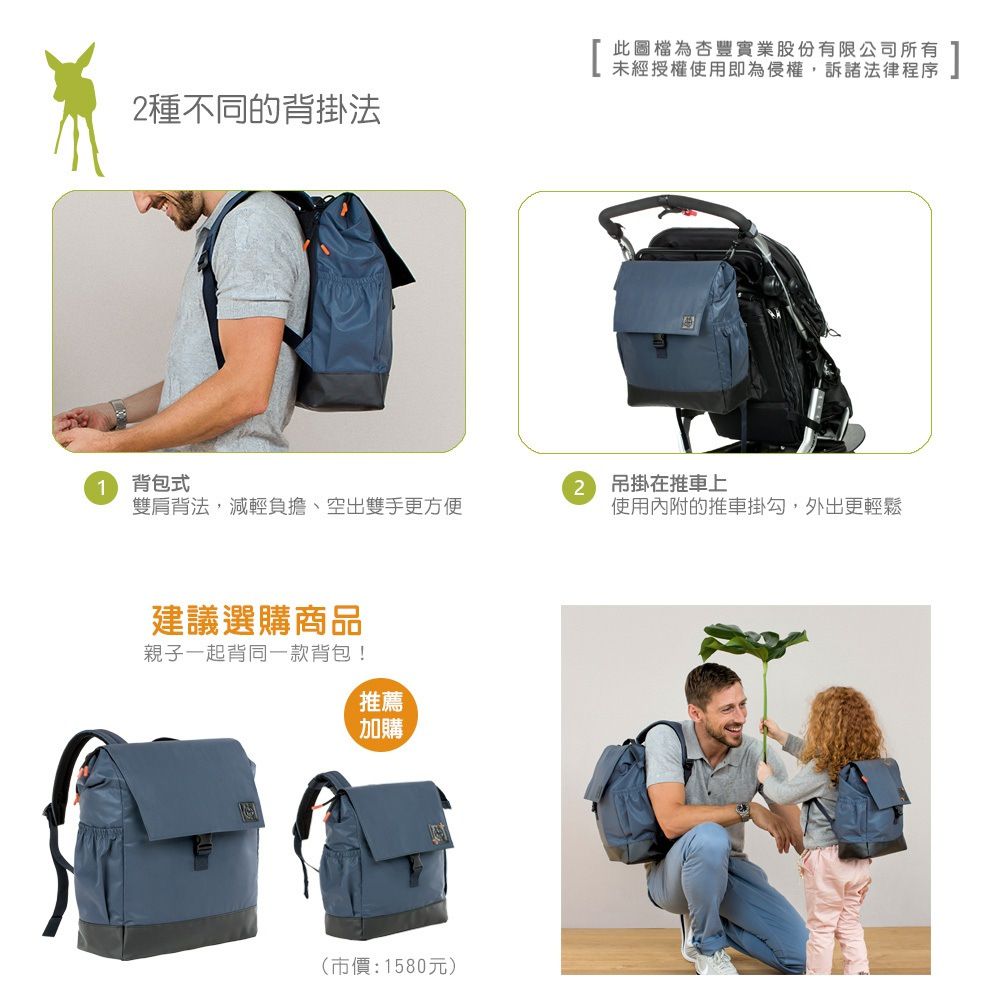 德國 Lassig - 漫步太空旅行後背親子包-黛玉藍 (大)-含尿布墊+推車掛勾+保溫瓶收納包