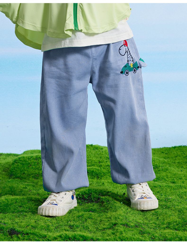 百搭牛仔束口長褲/防蚊褲-恐龍開車-牛仔藍