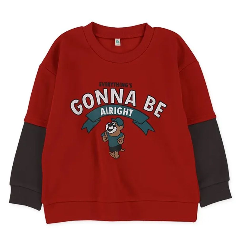 裏起毛 假兩件印花保暖長袖上衣-熊熊-紅X灰黑