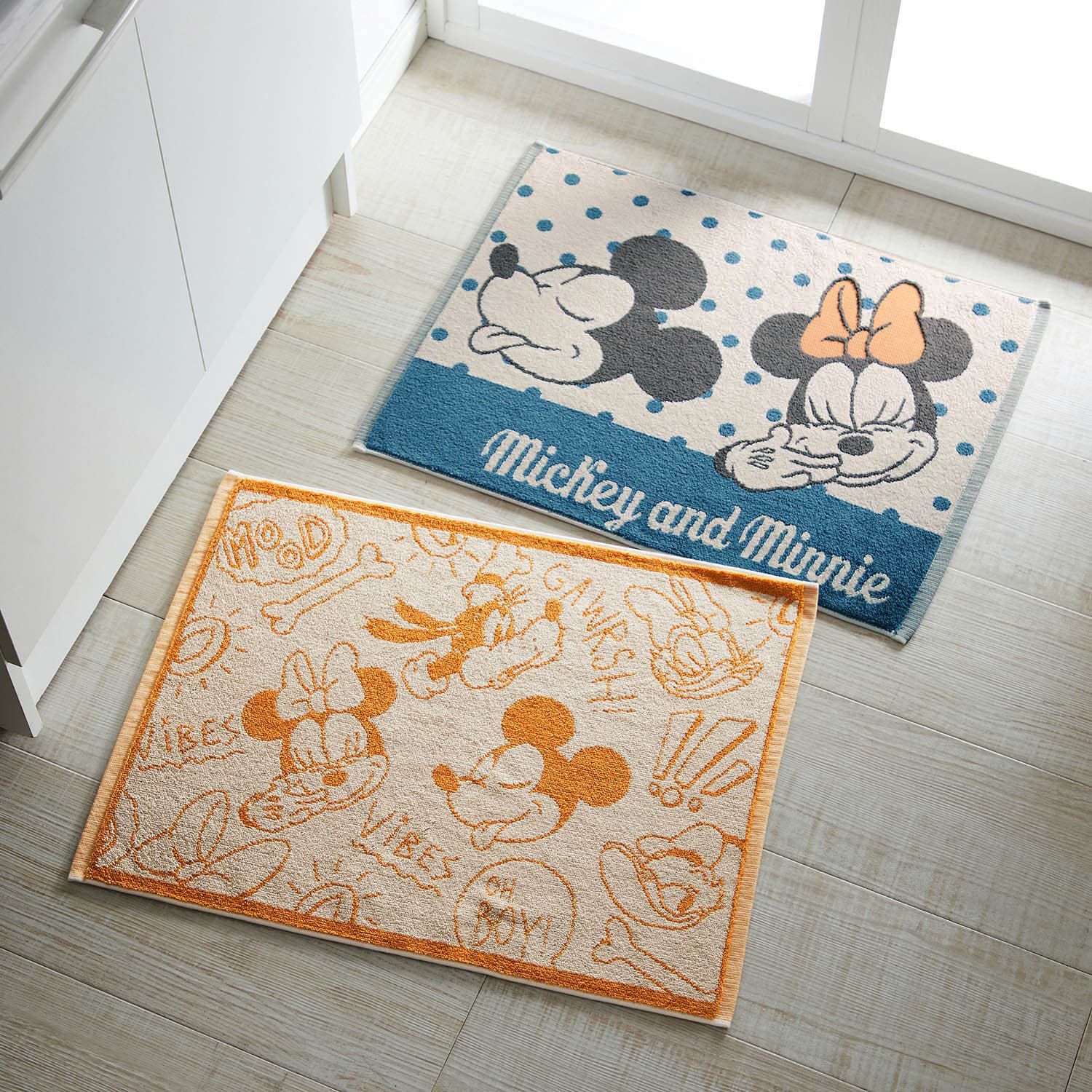 日本千趣會 - 迪士尼 純棉吸水快乾腳踏墊2件組-維尼小豬-藍黃 (45x60cm)