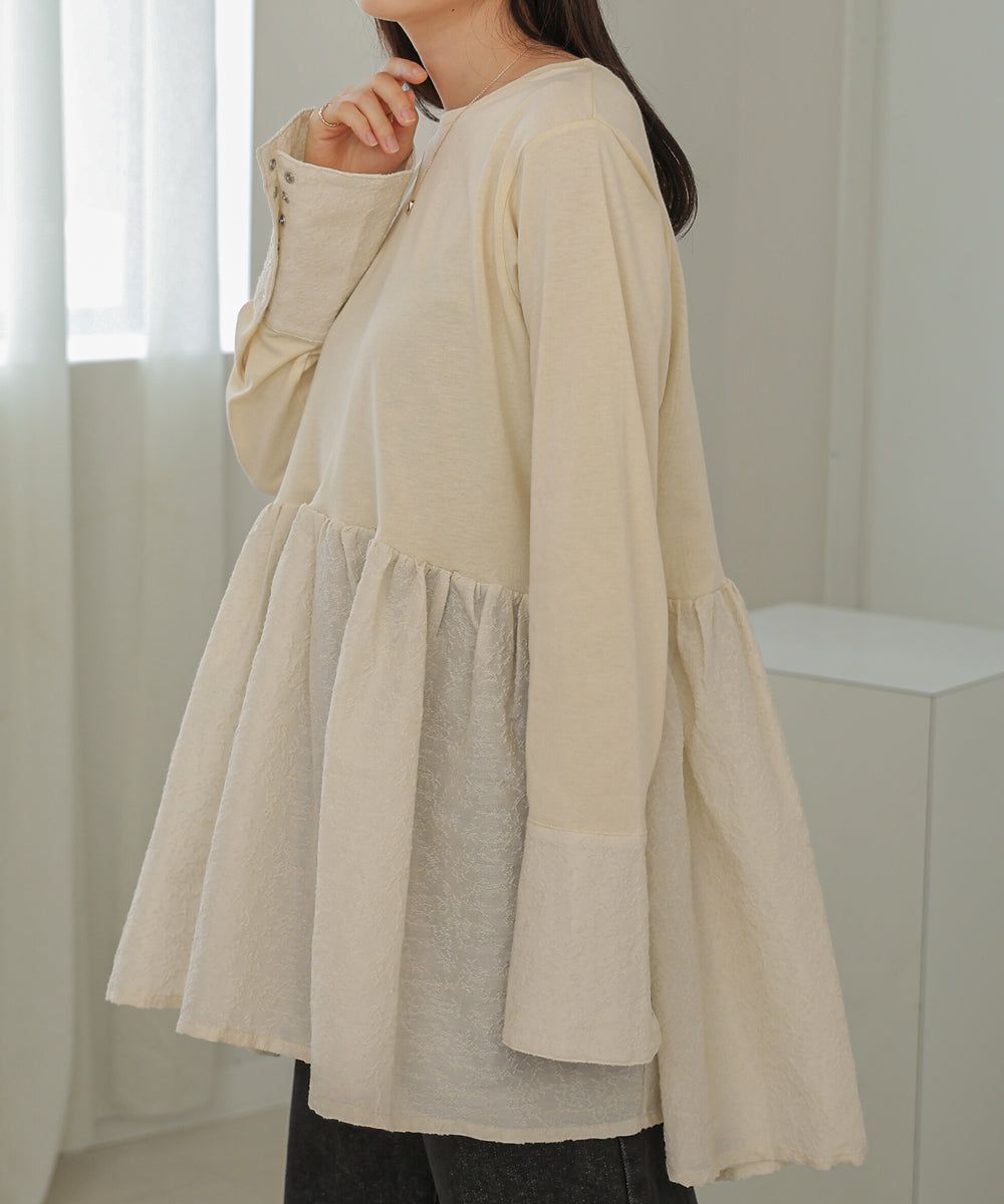 日本 Bab - 優美緹花拼接長袖上衣-水藍