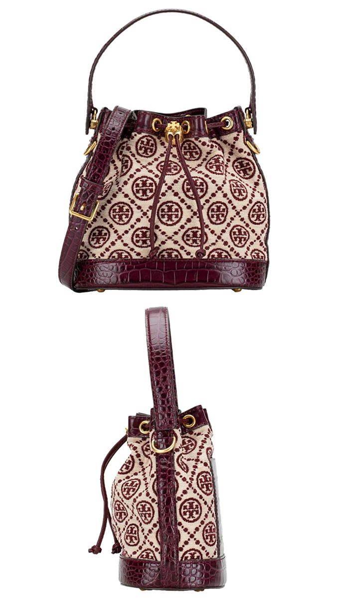 TORY BURCH - 滿版LOGO拼接織布水桶包 (暗紅色)