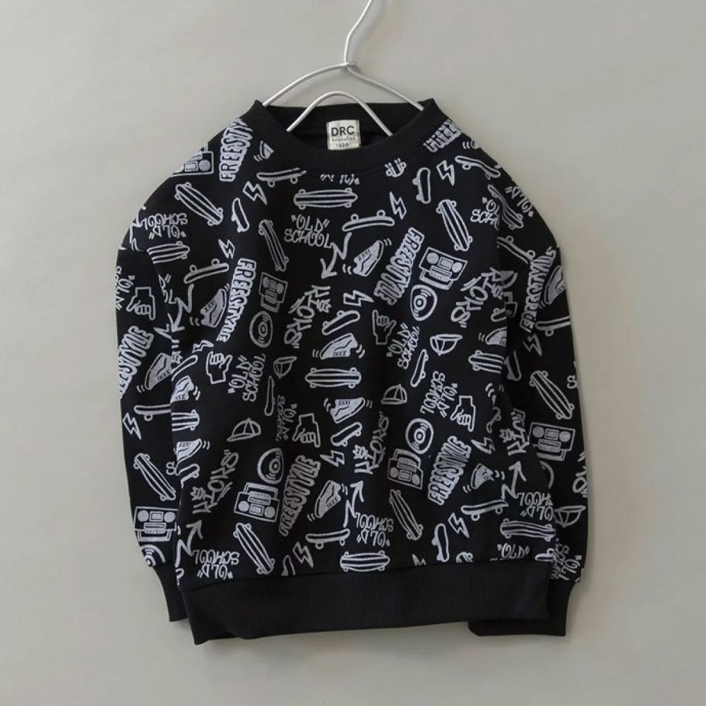 街頭塗鴉風裏起毛長袖上衣-滿版圖騰-黑