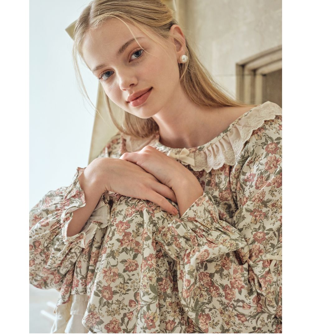 韓國 ULLALA - 絕美公主純棉長袖睡衣-(洋裝式)-奶油色 (FREE)