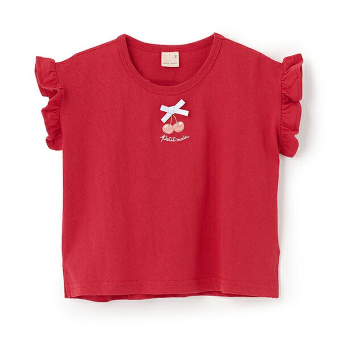 日本 petit main - 可愛荷葉袖短袖上衣-兔兔-白