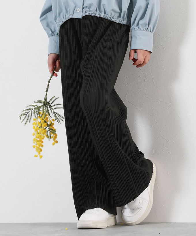 日本 devirock - [可剪裁]時尚細摺女孩寬褲-黑