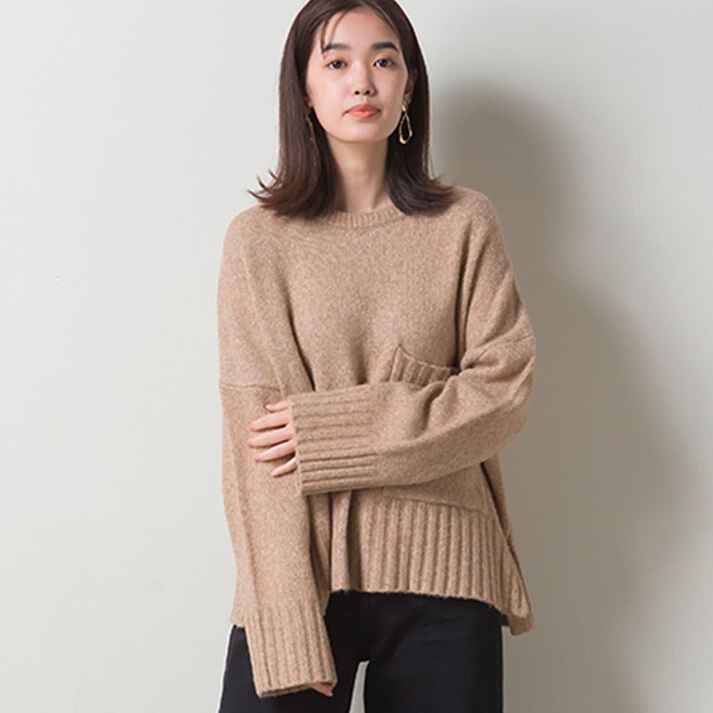 日本 OMNES - 羊毛混紡 大口袋設計慵懶超長袖針織毛衣-杏 (F)