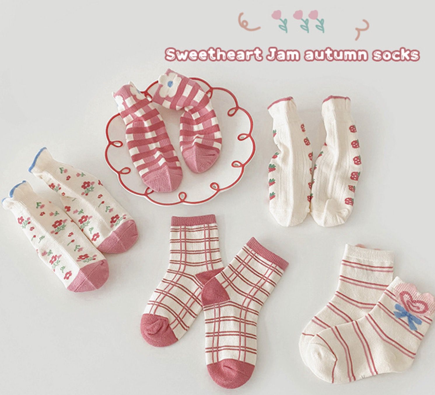 love, charlotte - 甜心草莓泡泡邊短筒棉襪-5 雙一組