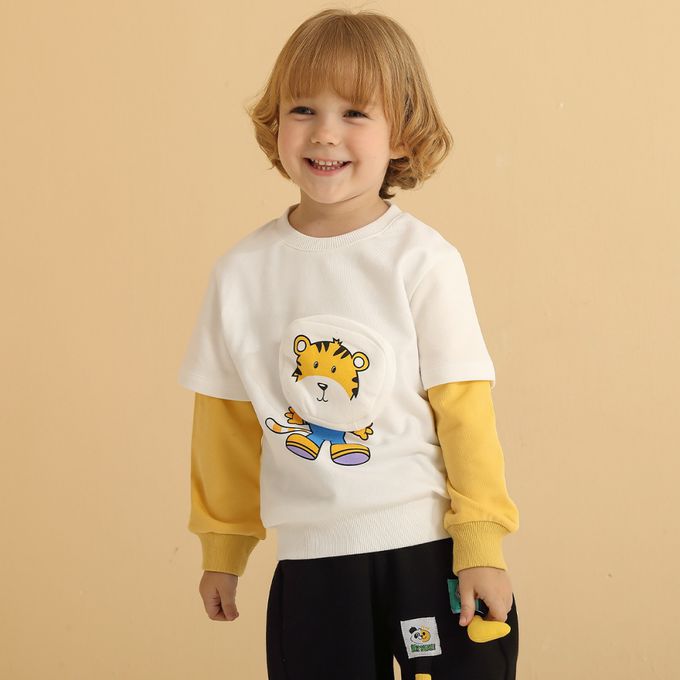 圓領假兩件長袖上衣-老虎印花-橘+黑色