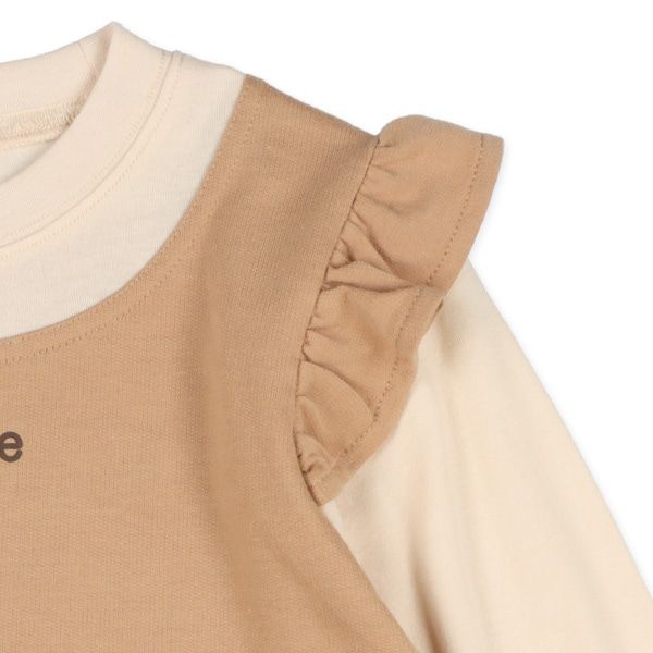 日本西松屋 - 異材質拼接飛飛袖長袖上衣-卡其