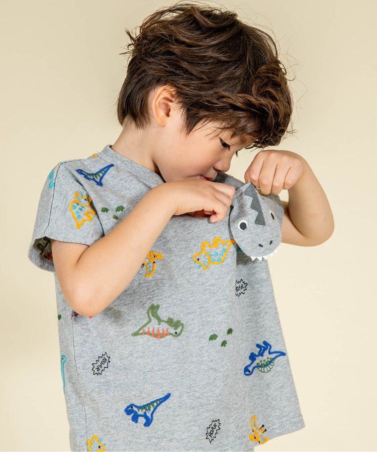 日本 BIT'Z - 彩色刺繡滿版恐龍短袖上衣-灰