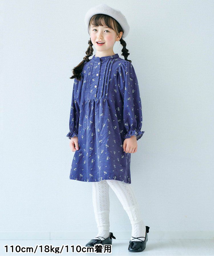 日本 apres les cours - 襯衫領微甜束口長袖洋裝-碎花-海軍藍