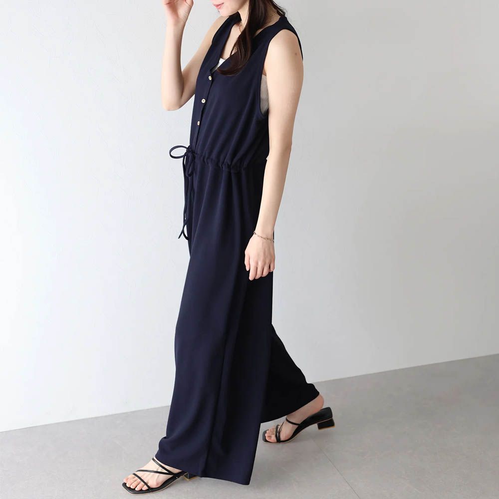韓國製 簡潔迷人V領無袖連身褲-海軍藍