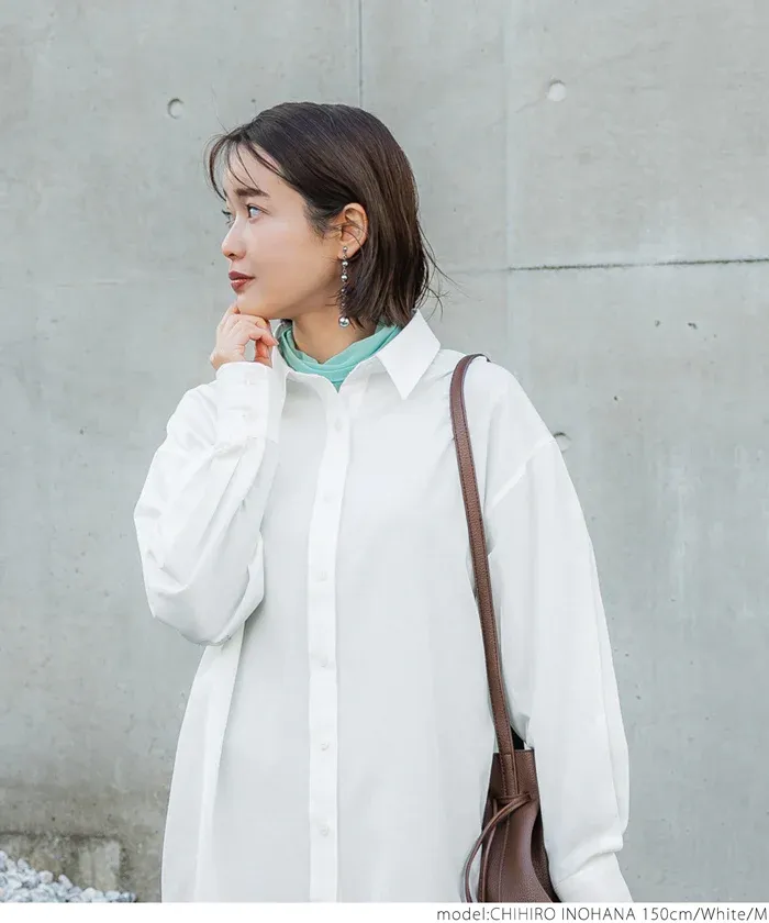 日本 COCA - 簡約落肩翻領長袖襯衫-條紋-水藍