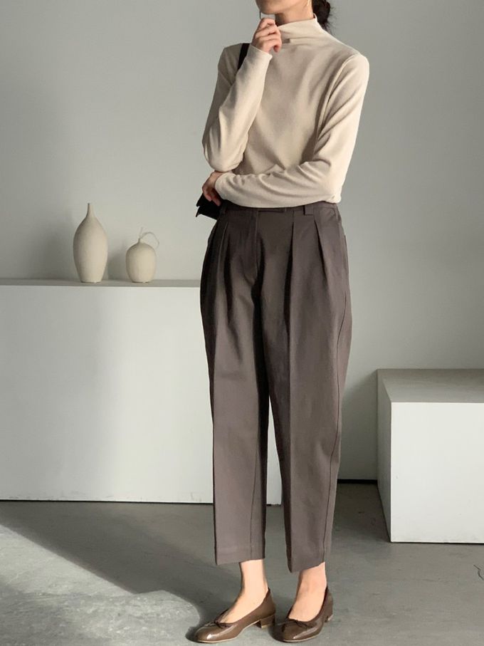 韓國女裝連線 - 百搭中領混羊毛長袖上衣-米杏 (FREE)