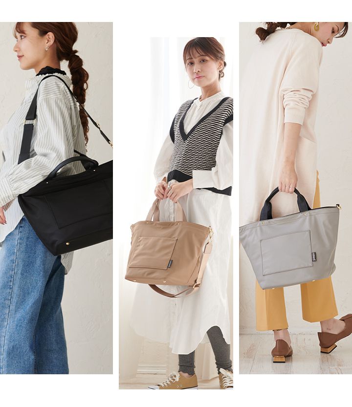 日本 LIZDAYS - 撥水加工 2WAY大容量尼龍托特包-皮革拼接-黑x焦糖棕 (27x45x24cm)