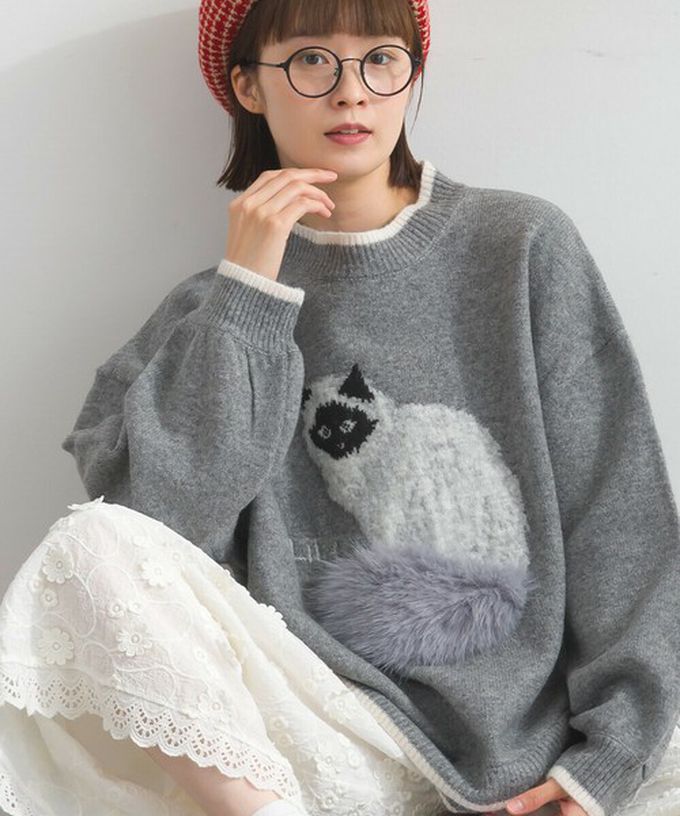 日本 Lupilien - 毛絨尾巴貓咪設計感針織長袖上衣-藍綠