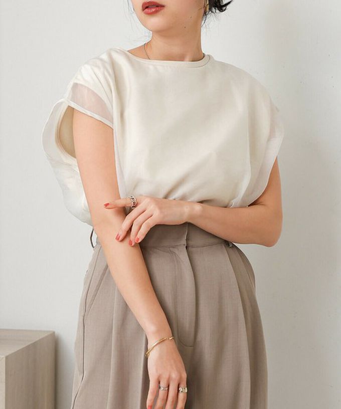 日本 Bab - [推薦]薄紗層次法式袖上衣-灰棕