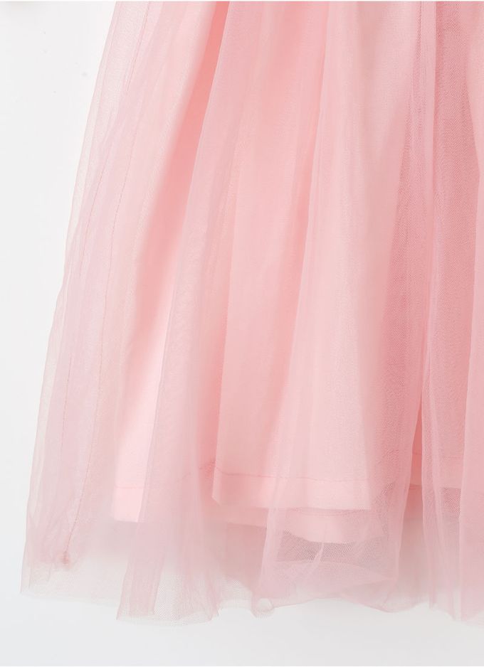 韓國 OZKIZ - 花朵亮片點綴網紗公主袖洋裝-粉