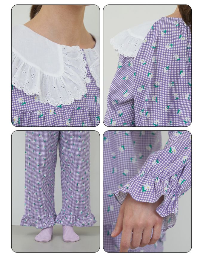 韓國 ULLALA - 細格花布裝飾長袖睡衣套裝-(兩件式)-紫 (FREE)