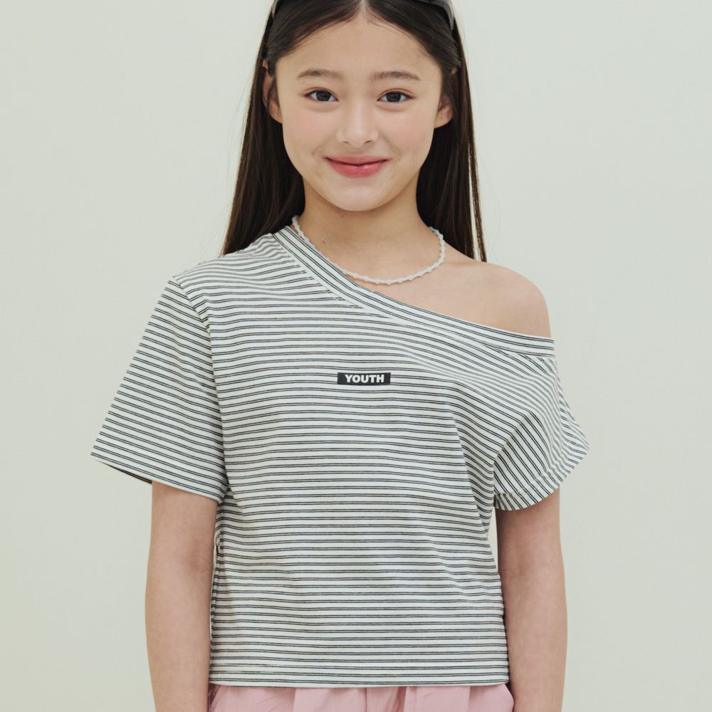 sm2 經典條紋造型斜肩短袖上衣-白