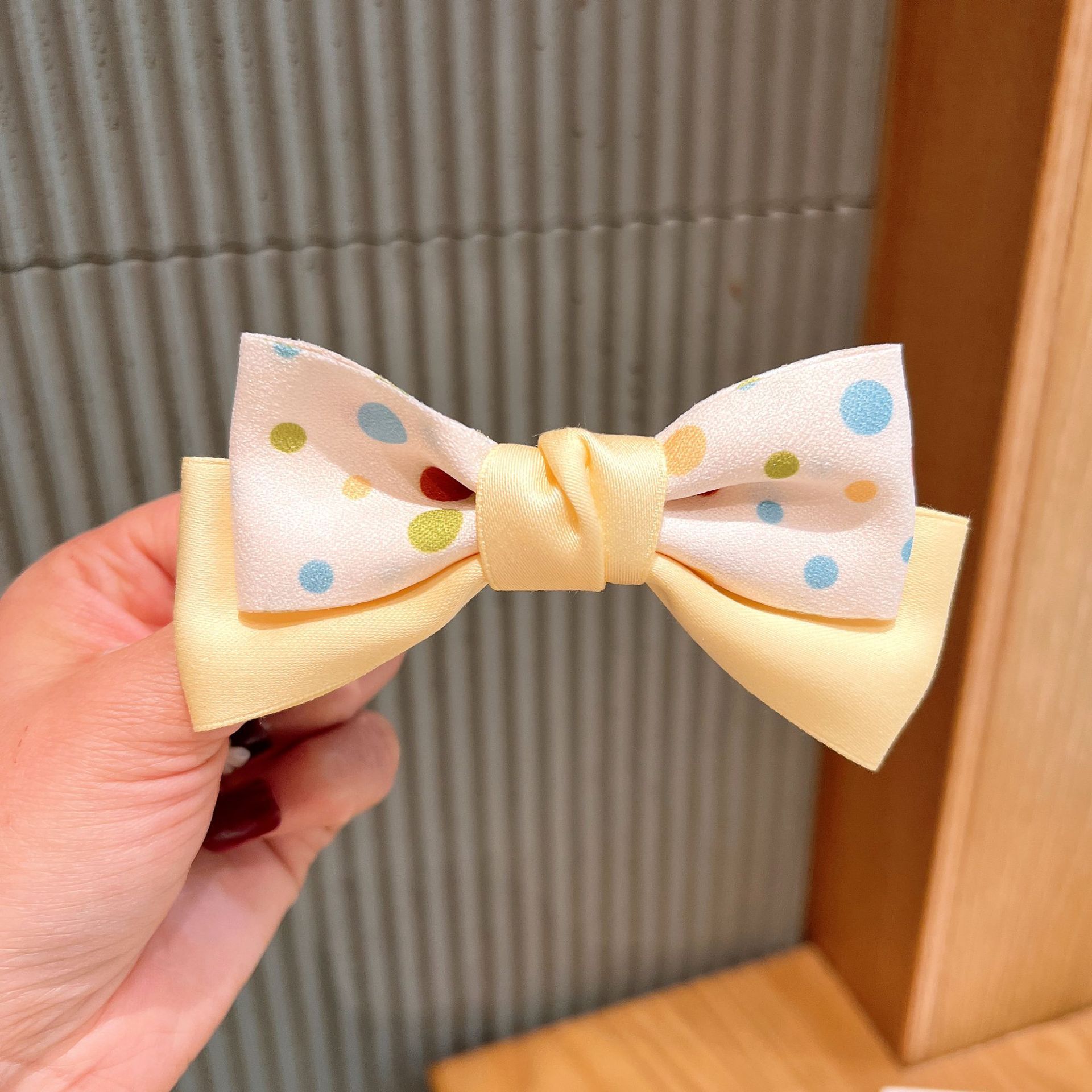 小清新布藝蝴蝶結圓點髮夾-拼色款-米白+黃