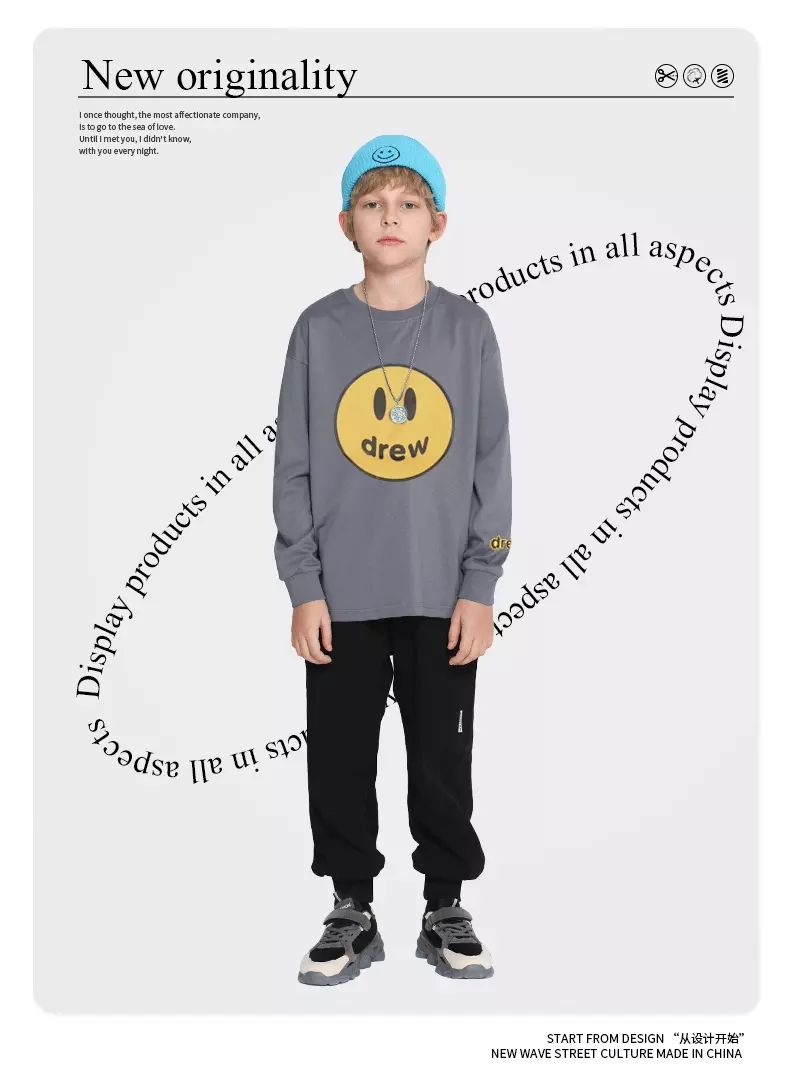 純棉基礎款長袖上衣-drew笑臉-黑色