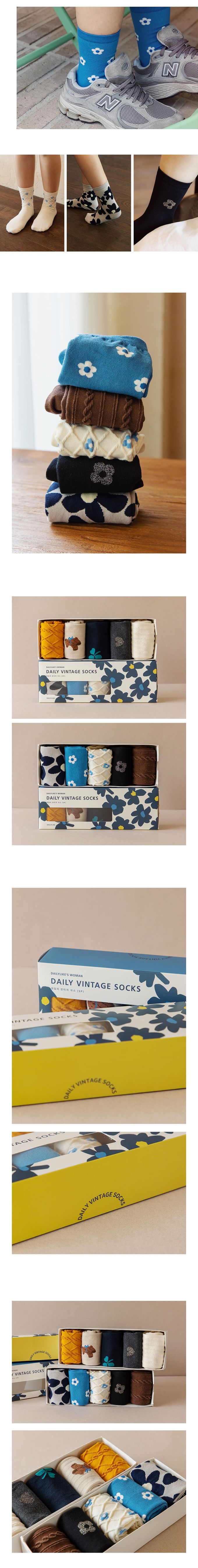 韓國 Daily Like - 女用襪子/中筒襪5入組-復古花紋01 (220~250mm)