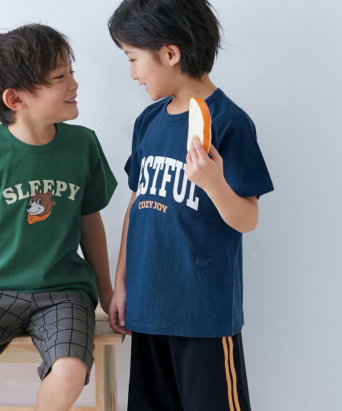 日本 devirock - 100%棉 短袖家居服/睡衣套裝-標語格子-綠灰系