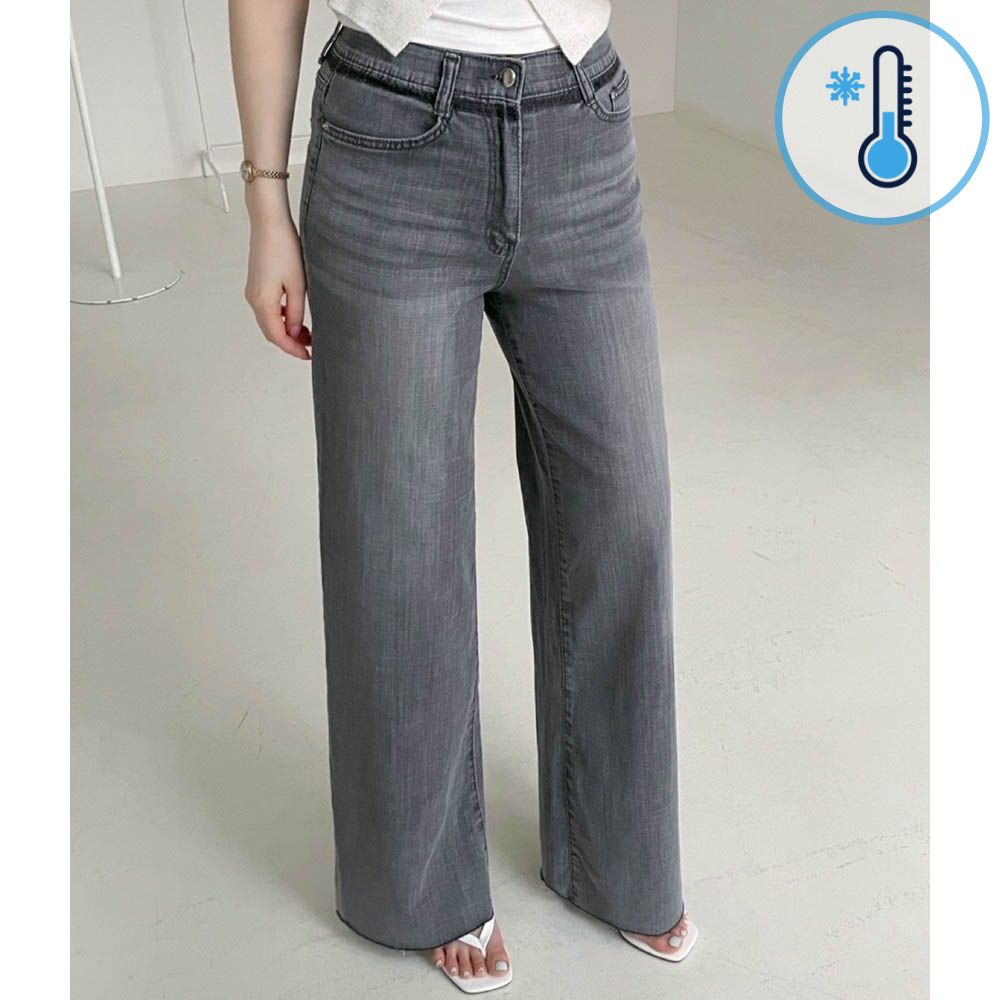 (Cool Max)鬆緊腰棉混紡鹽水刷色丹寧褲-鐵灰