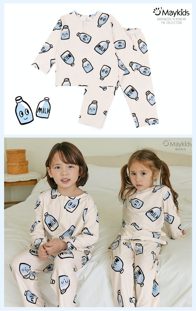韓國 Maykids - QQ牛奶瓶睡衣套裝-象牙色