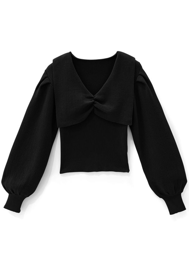 日本 GRL - 甜美V領抓皺羅紋彈性針織上衣-白