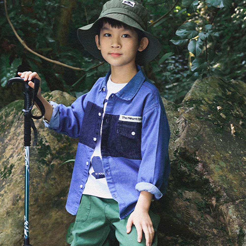 純棉拼色長袖襯衫-牛仔藍