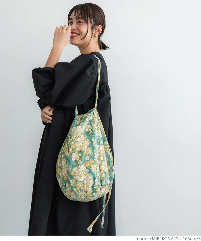 日本 COCA - 100%印度棉木刻版印刷抽繩托特包/購物袋-粉紫