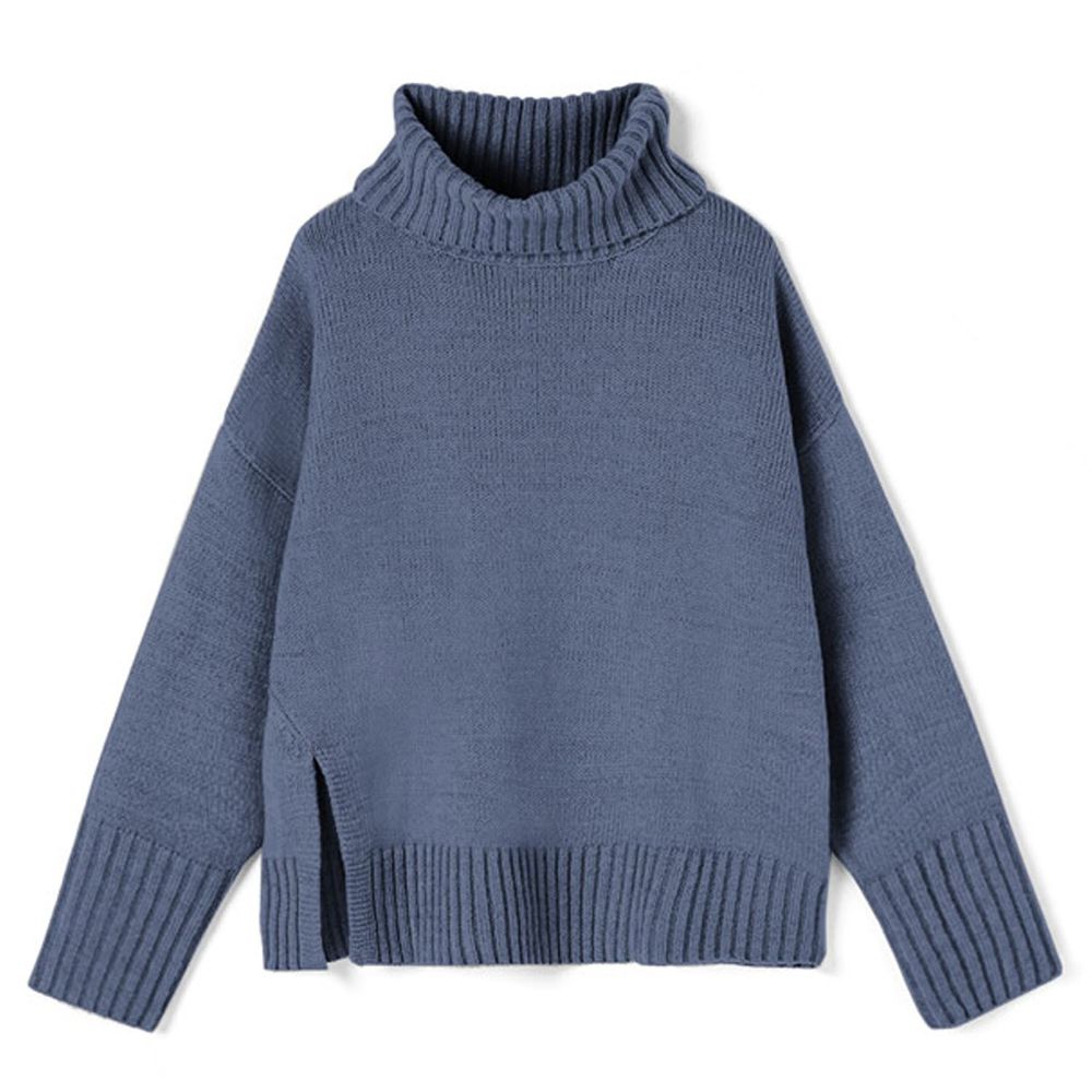 日本 GRL - 大寬鬆高領開衩針織毛衣-灰藍
