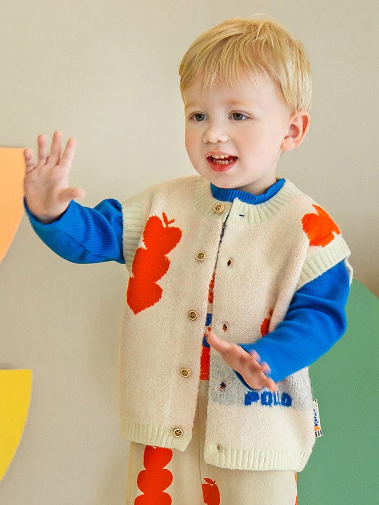 韓國Pimpollo - 愛心印花開衫針織背心-藍